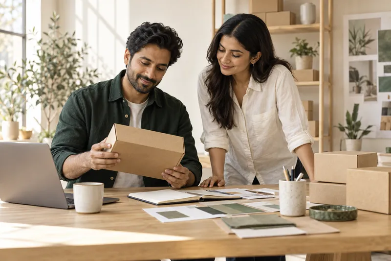 Illustrative founders reviewing packaging for their brand